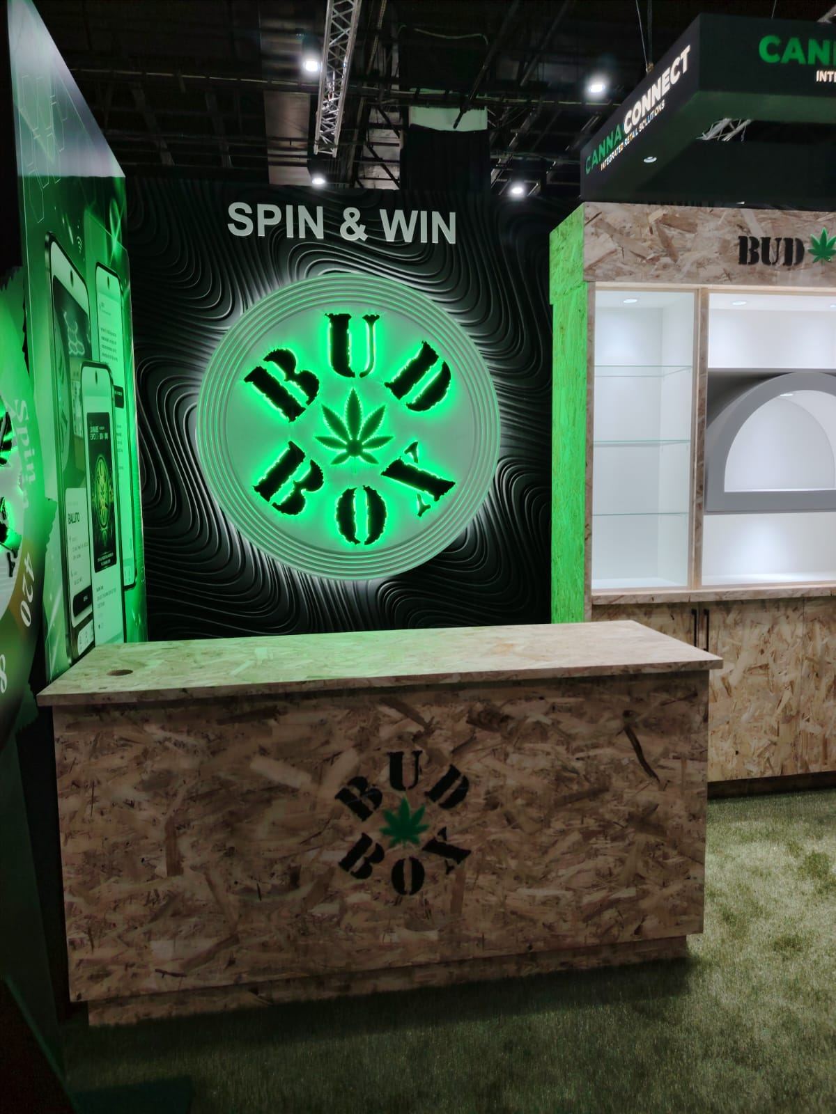 Spin and Win halo sign over an OSB counter
